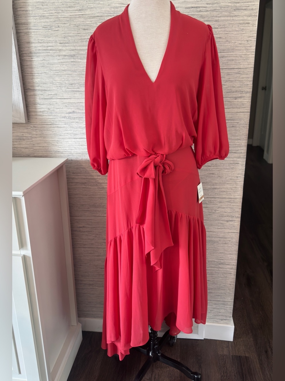 Taylor Red V-Neck Tie-Front Midi Dress sheer skirt lined dress Sz 12